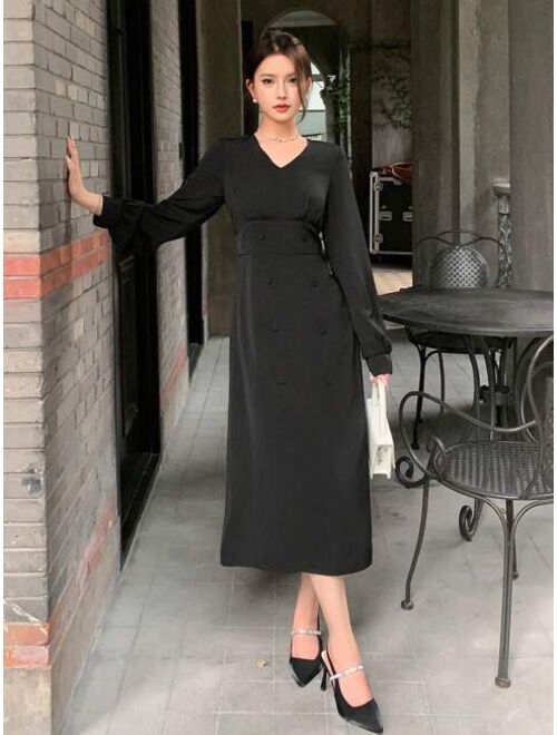 DAZY Solid V Neck Lantern Sleeve Dress