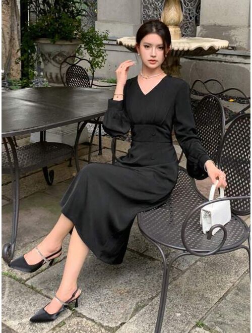 DAZY Solid V Neck Lantern Sleeve Dress