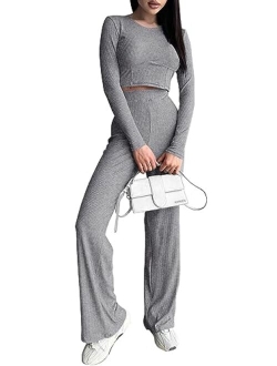 Women's 2023 Fall Casual 2 Piece Outfits Rib Knit Crop Tops And Long Pants Lounge Sets Tracksuits