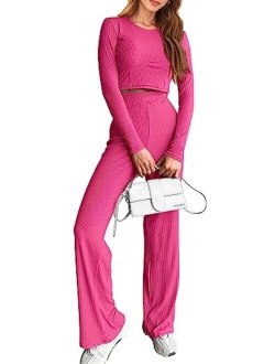 Women's 2023 Fall Casual 2 Piece Outfits Rib Knit Crop Tops And Long Pants Lounge Sets Tracksuits