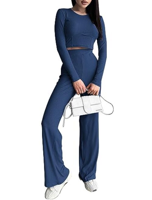 PRETTYGARDEN Women's 2023 Fall Casual 2 Piece Outfits Rib Knit Crop Tops And Long Pants Lounge Sets Tracksuits