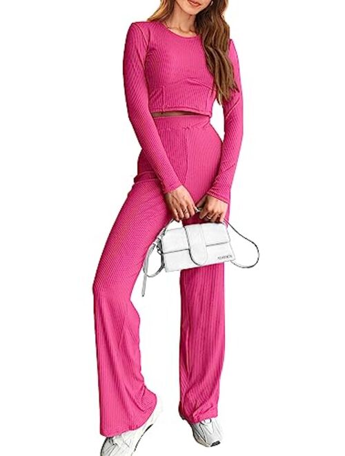 PRETTYGARDEN Women's 2023 Fall Casual 2 Piece Outfits Rib Knit Crop Tops And Long Pants Lounge Sets Tracksuits