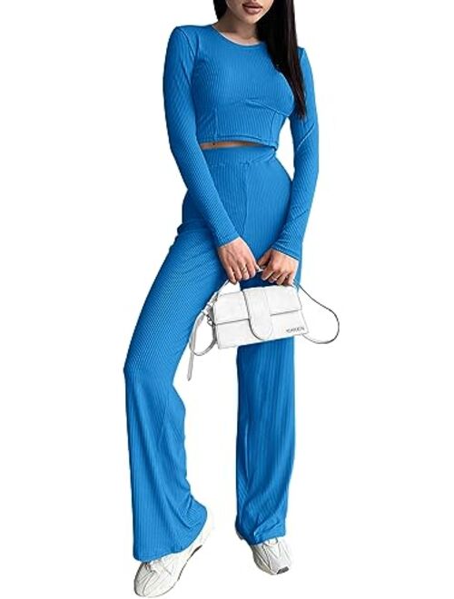 PRETTYGARDEN Women's 2023 Fall Casual 2 Piece Outfits Rib Knit Crop Tops And Long Pants Lounge Sets Tracksuits