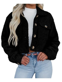 Womens Fall Clothes Sherpa Shacket Jacket Fuzzy Fleece Lapel Button Down Cropped Coat Outerwear