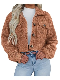 Womens Fall Clothes Sherpa Shacket Jacket Fuzzy Fleece Lapel Button Down Cropped Coat Outerwear