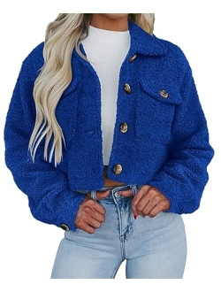 Womens Fall Clothes Sherpa Shacket Jacket Fuzzy Fleece Lapel Button Down Cropped Coat Outerwear