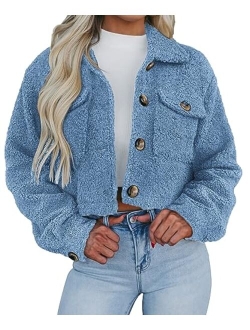 Womens Fall Clothes Sherpa Shacket Jacket Fuzzy Fleece Lapel Button Down Cropped Coat Outerwear