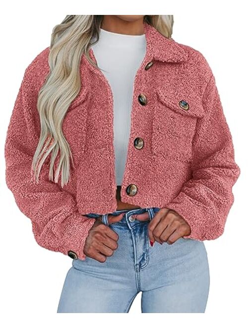 PRETTYGARDEN Womens Fall Clothes Sherpa Shacket Jacket Fuzzy Fleece Lapel Button Down Cropped Coat Outerwear