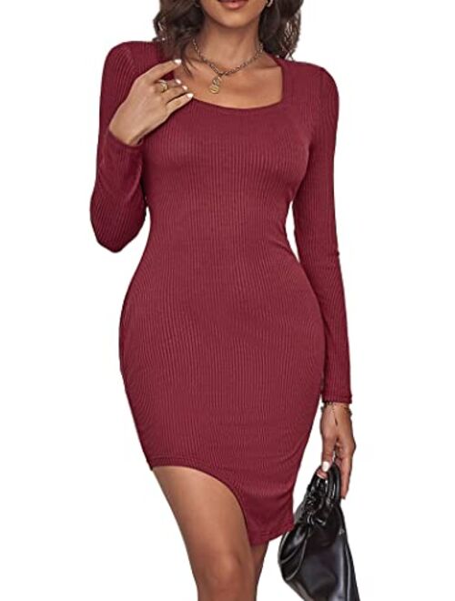 PRETTYGARDEN Women's Sexy Mini Bodycon Dresses Long Sleeve Square Neck Thigh Slit Tight Fitted Dress