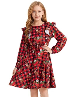 Quedoris Girls Ruffle Trim Dress Print and Solid Color A-line Swing Flared Belted Casual Party Dress with Zipper