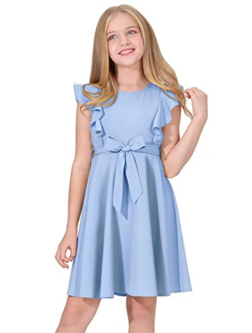 Quedoris Girls Ruffle Trim Dress Print and Solid Color A-line Swing Flared Belted Casual Party Dress with Zipper