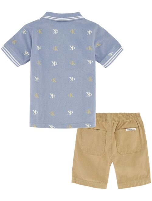 CALVIN KLEIN Little Boys Logo Print Jersey Polo Shirt and Twill Shorts, 2 Piece Set