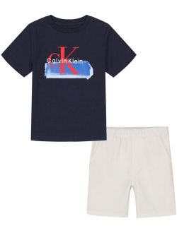 Little Boys Contrast Logo Short Sleeve T-shirt and Twill Shorts, 2 Piece Set