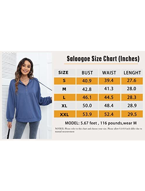 Saloogoe Hoodies Lightweight V Neck Sweatshirts Long Sleeve Shirts Loose Fit Sweaters S-2XL