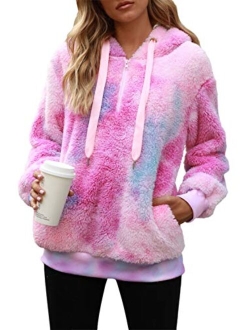 Nirovien Womens Sherpa Pullover Tie Dye Fuzzy Hoodie Double Fleece Sweatshirts Fluffy Oversized Plaid Outerwear