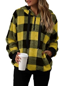 Nirovien Womens Sherpa Pullover Tie Dye Fuzzy Hoodie Double Fleece Sweatshirts Fluffy Oversized Plaid Outerwear