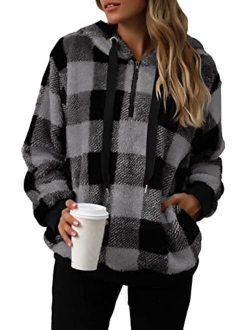 Nirovien Womens Sherpa Pullover Tie Dye Fuzzy Hoodie Double Fleece Sweatshirts Fluffy Oversized Plaid Outerwear