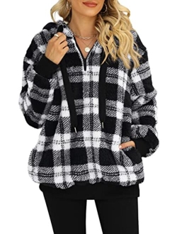 Nirovien Womens Sherpa Pullover Tie Dye Fuzzy Hoodie Double Fleece Sweatshirts Fluffy Oversized Plaid Outerwear