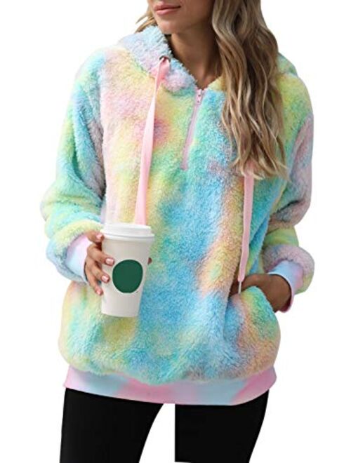 Nirovien Womens Sherpa Pullover Tie Dye Fuzzy Hoodie Double Fleece Sweatshirts Fluffy Oversized Plaid Outerwear