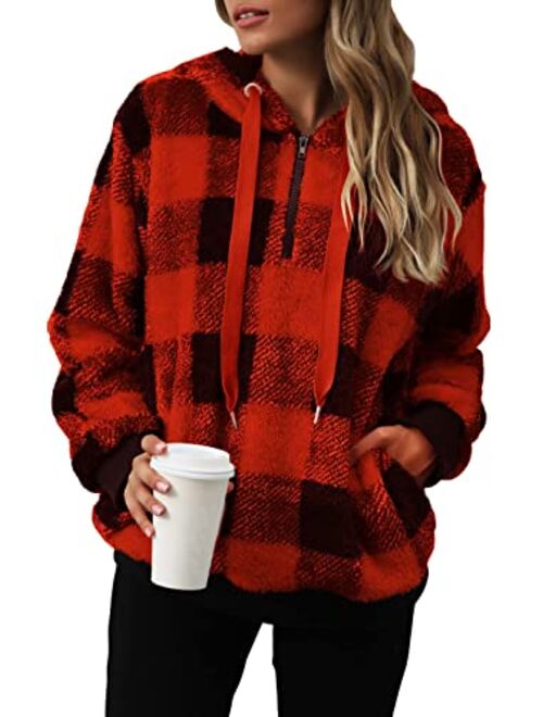 Nirovien Womens Sherpa Pullover Tie Dye Fuzzy Hoodie Double Fleece Sweatshirts Fluffy Oversized Plaid Outerwear