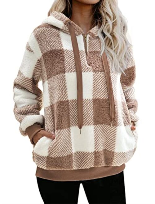 Nirovien Womens Sherpa Pullover Tie Dye Fuzzy Hoodie Double Fleece Sweatshirts Fluffy Oversized Plaid Outerwear