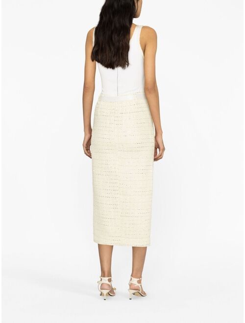 Self-Portrait belted boucle midi skirt