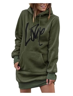 Women's Hooded Sweatshirt Drawstring Lightweight Long Sleeve Pullover Hoodie Dress