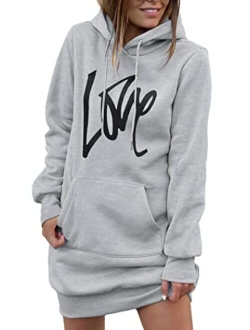 Women's Hooded Sweatshirt Drawstring Lightweight Long Sleeve Pullover Hoodie Dress