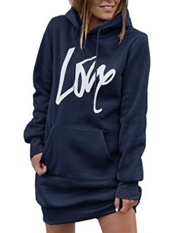 Women's Hooded Sweatshirt Drawstring Lightweight Long Sleeve Pullover Hoodie Dress