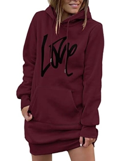 Women's Hooded Sweatshirt Drawstring Lightweight Long Sleeve Pullover Hoodie Dress