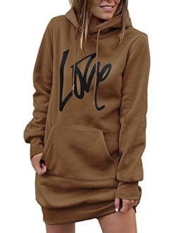 Women's Hooded Sweatshirt Drawstring Lightweight Long Sleeve Pullover Hoodie Dress