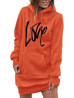 Women's Hooded Sweatshirt Drawstring Lightweight Long Sleeve Pullover Hoodie Dress