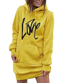 Women's Hooded Sweatshirt Drawstring Lightweight Long Sleeve Pullover Hoodie Dress