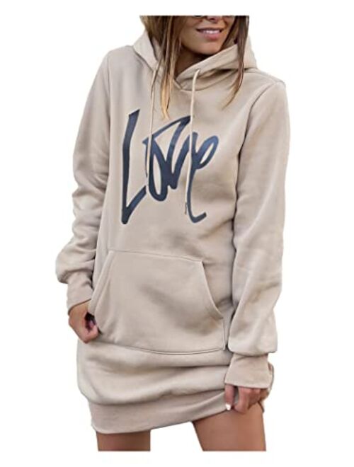 PRETTYGARDEN Women's Hooded Sweatshirt Drawstring Lightweight Long Sleeve Pullover Hoodie Dress