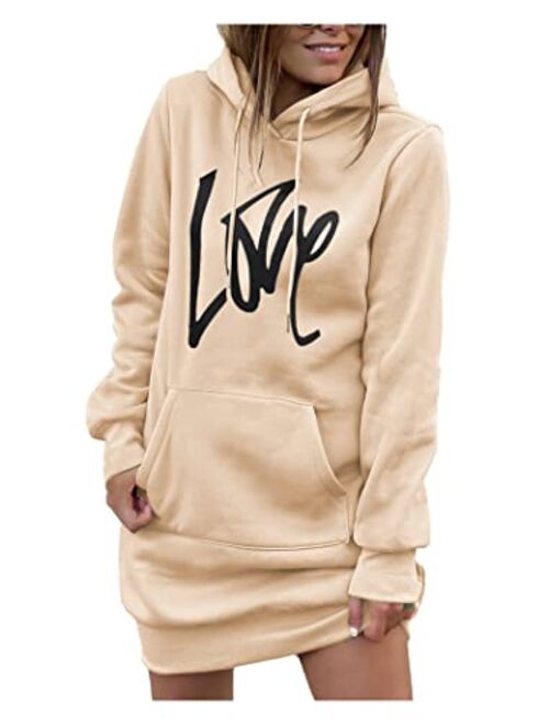 PRETTYGARDEN Women's Hooded Sweatshirt Drawstring Lightweight Long Sleeve Pullover Hoodie Dress