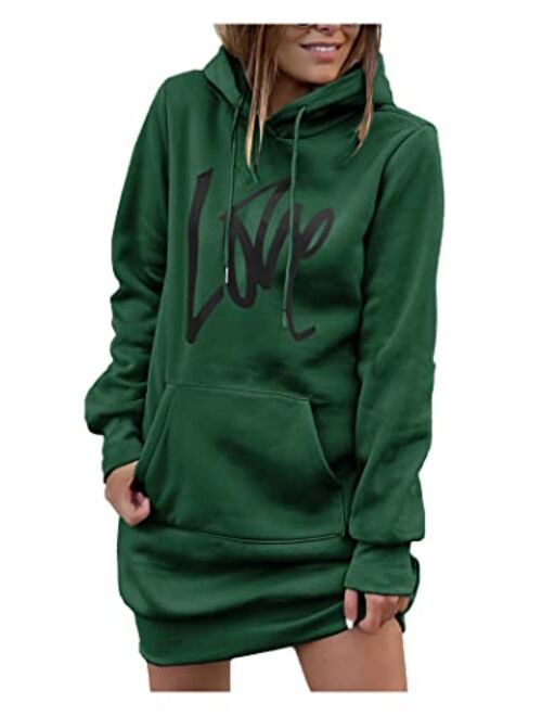 PRETTYGARDEN Women's Hooded Sweatshirt Drawstring Lightweight Long Sleeve Pullover Hoodie Dress