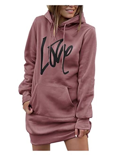 PRETTYGARDEN Women's Hooded Sweatshirt Drawstring Lightweight Long Sleeve Pullover Hoodie Dress