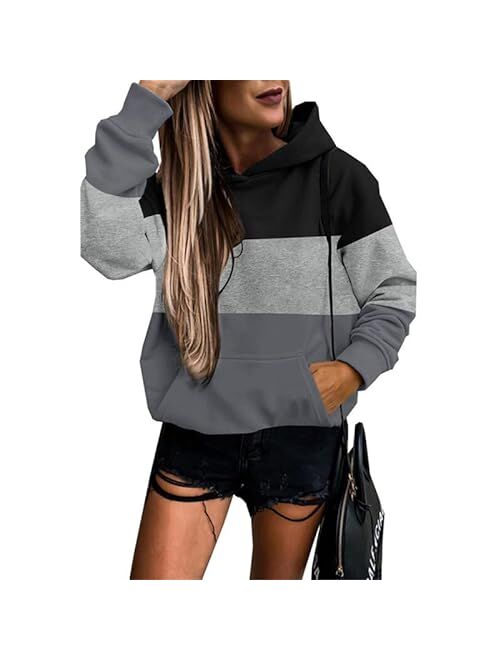 AELSON Women's Casual Patchwork Hoodies Long Sleeve Lightweight Pullover Tops Sweatshirts with Pocket