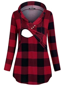 Connche Quinee Women's Long Sleeve Plaid Colorblock Nursing Pullover Hoodie Sweatshirts