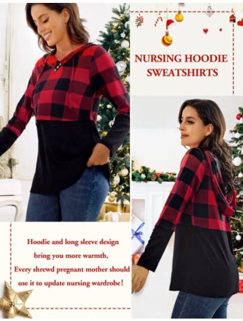 Connche Quinee Women's Long Sleeve Plaid Colorblock Nursing Pullover Hoodie Sweatshirts