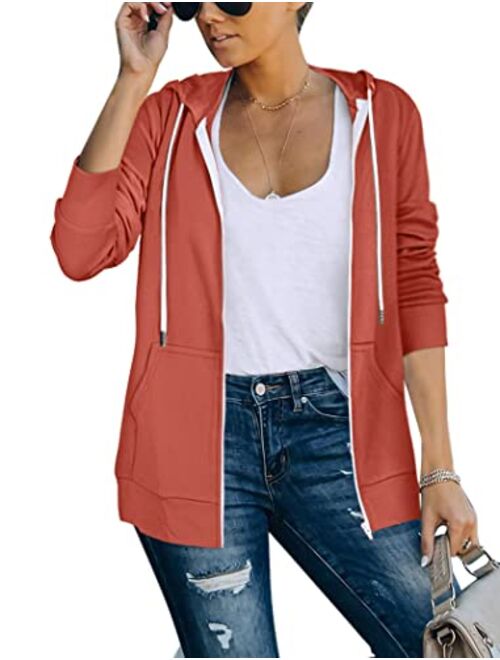 Saloogoe Lightweight Zip Up Hoodies for Women Hooded Sweatshirts Long Sleeve Thin Jacket with Zipper