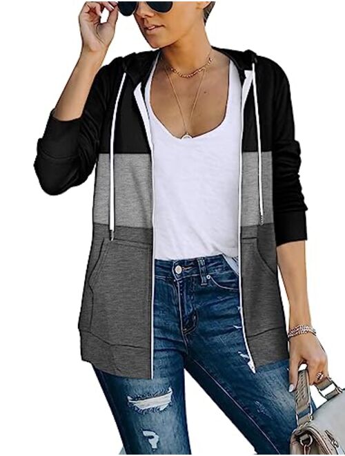 Saloogoe Lightweight Zip Up Hoodies for Women Hooded Sweatshirts Long Sleeve Thin Jacket with Zipper