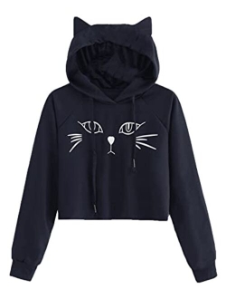 Women's Long Sleeve Hoodie Crop Top Cat Print Sweatshirt