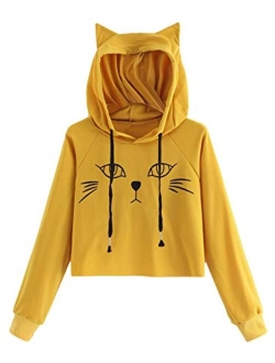 Women's Long Sleeve Hoodie Crop Top Cat Print Sweatshirt