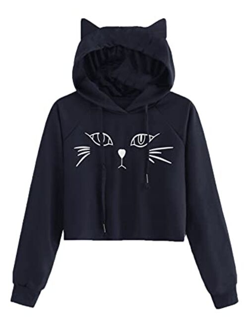 SweatyRocks Women's Long Sleeve Hoodie Crop Top Cat Print Sweatshirt