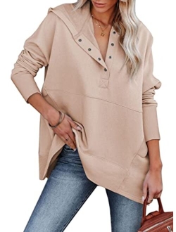 AlvaQ Women Casual Button V Neck Hoodies Oversized Pullover Sweatshirt Hooded Tops with Pockets