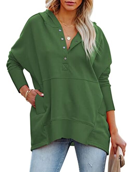 AlvaQ Women Casual Button V Neck Hoodies Oversized Pullover Sweatshirt Hooded Tops with Pockets