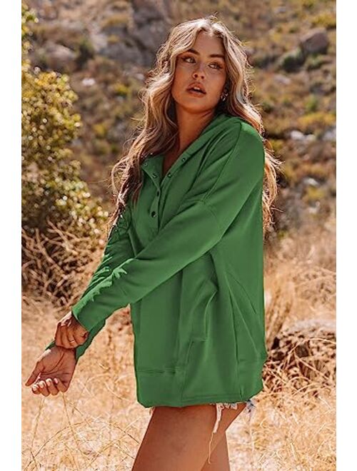 AlvaQ Women Casual Button V Neck Hoodies Oversized Pullover Sweatshirt Hooded Tops with Pockets