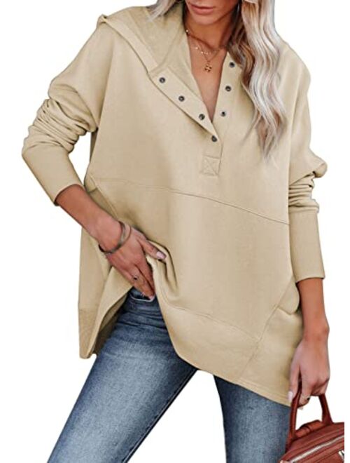 AlvaQ Women Casual Button V Neck Hoodies Oversized Pullover Sweatshirt Hooded Tops with Pockets