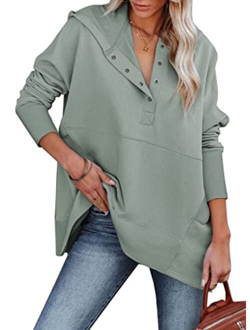 AlvaQ Women Casual Button V Neck Hoodies Oversized Pullover Sweatshirt Hooded Tops with Pockets